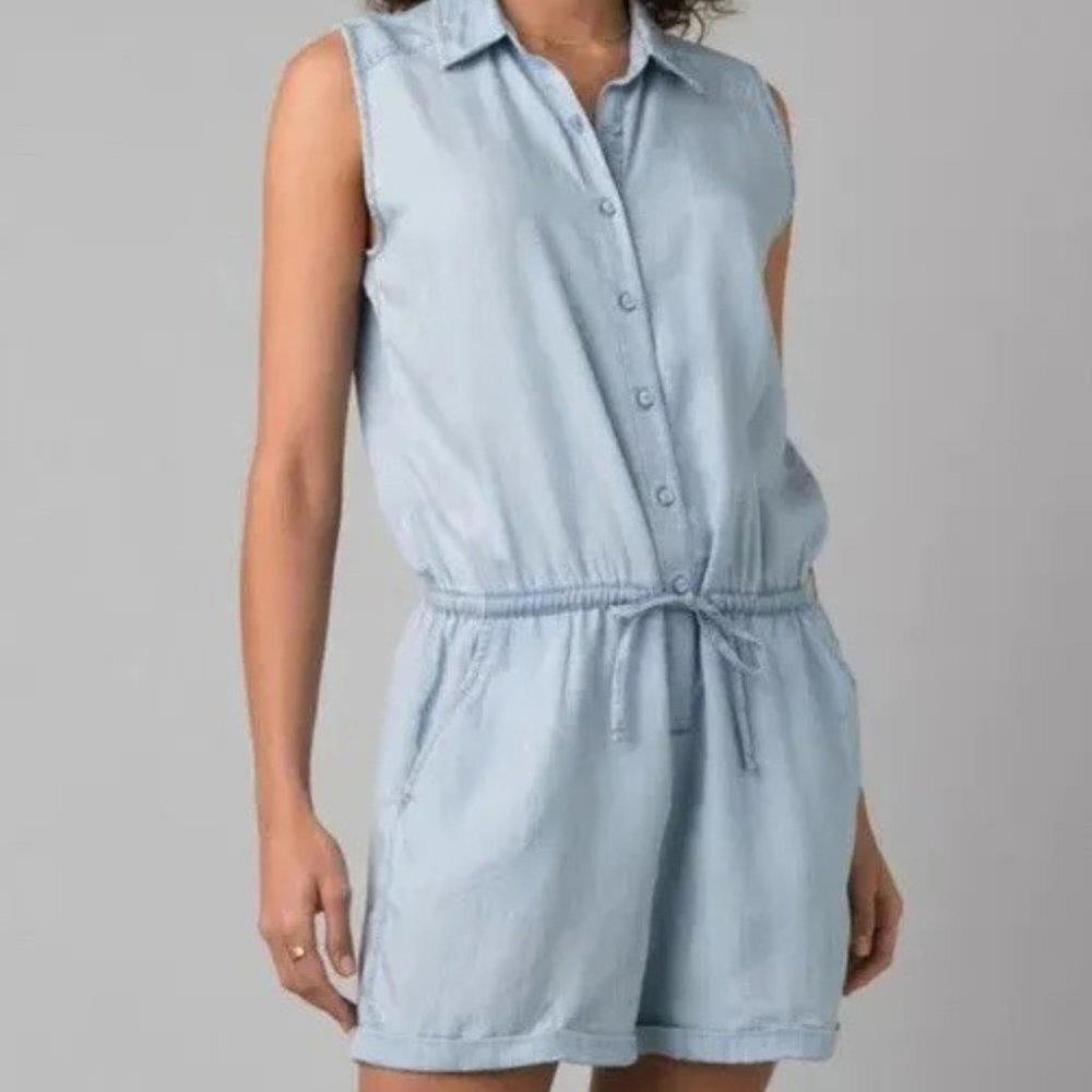Prana Weekend Escape Romper Women's Vintage‎ Blue Tencel Lyocell Chambray Small